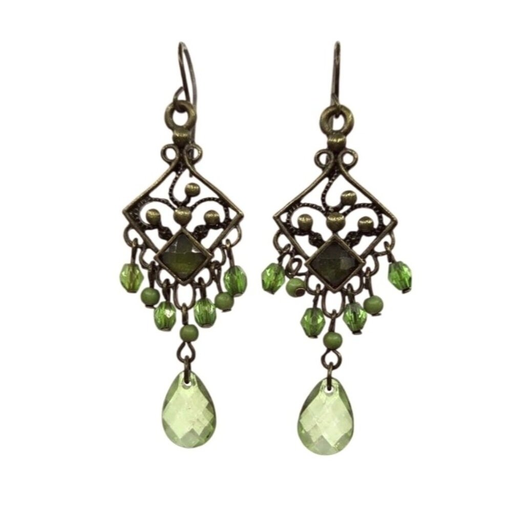 Vintage Boho Antique Bronze Chandelier Earrings With Green Glass Beads & Teardro